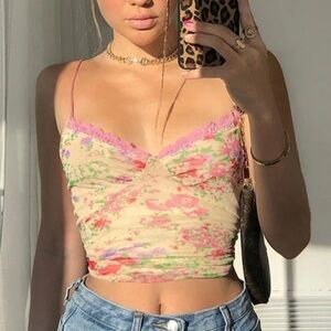 Floral Summer Yellow Lace Spaghetti Strap Tank Top Sheer